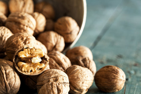 Raw walnuts soaking in water to soften and activate before eating or cooking