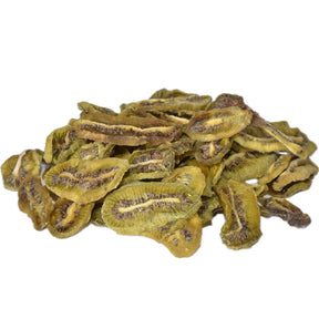 Dried kiwi slices with vibrant green color and chewy texture, naturally sweet and tangy.