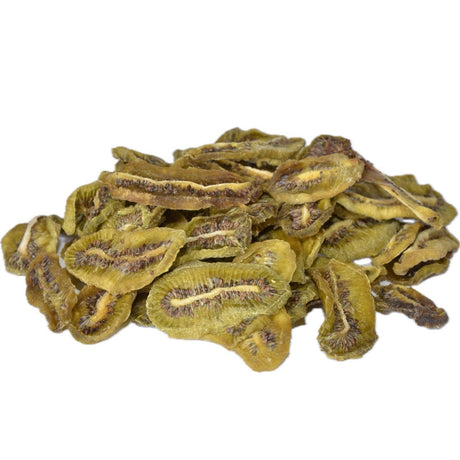 Dried kiwi slices with vibrant green color and chewy texture, naturally sweet and tangy.